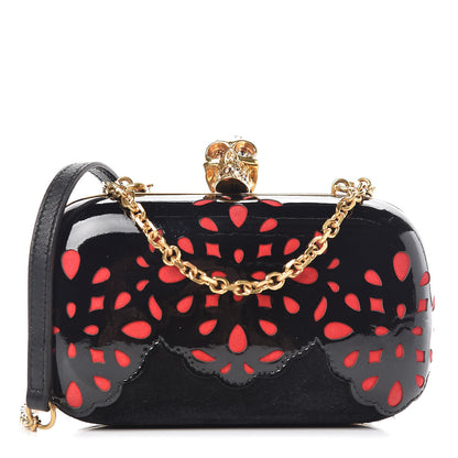 Alexander McQueen Patent Suede Skull Box Clutch Black Red 1 of 8