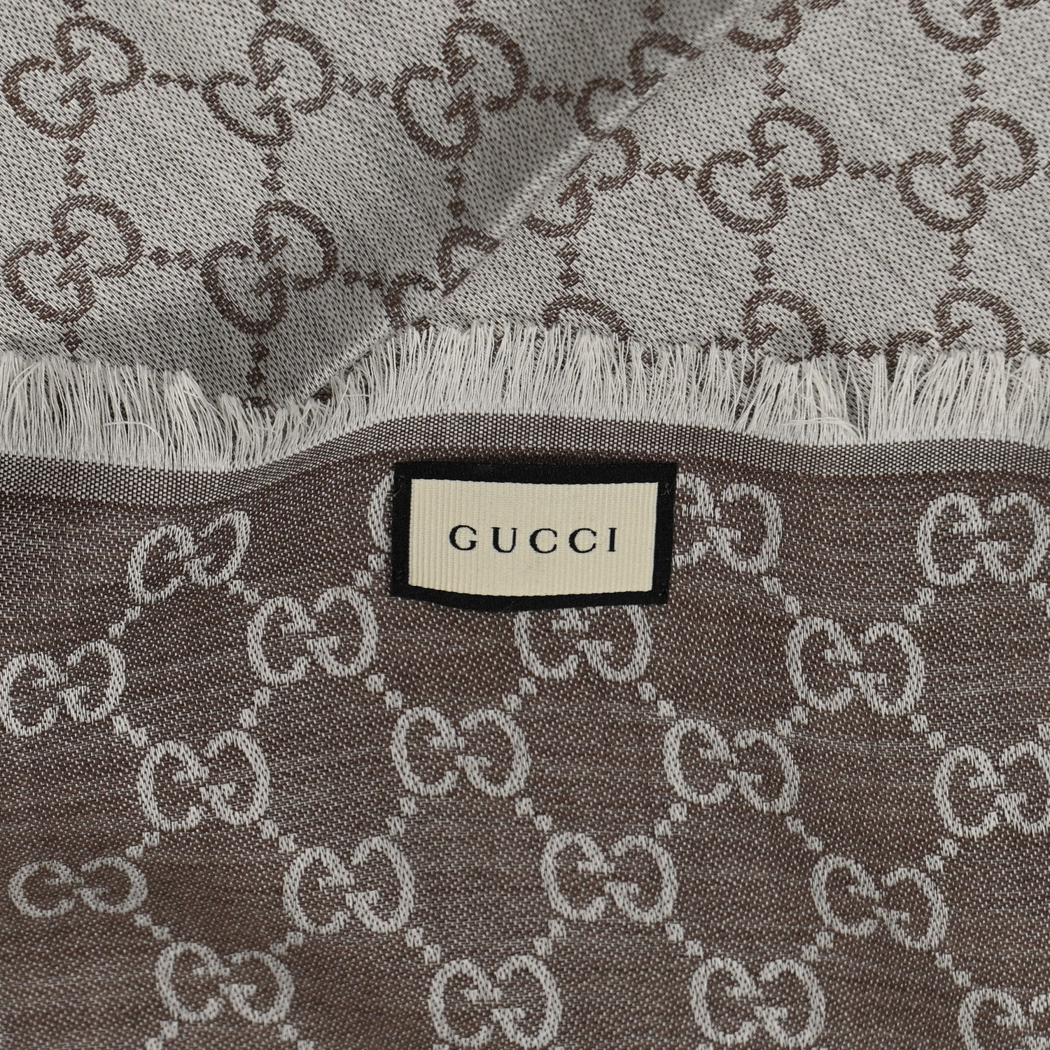 Gucci Wool Silk Monogram GGWeb Fringe Shawl Bitume Ivory 3 of 3