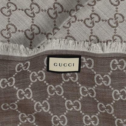 Gucci Wool Silk Monogram GGWeb Fringe Shawl Bitume Ivory 3 of 3