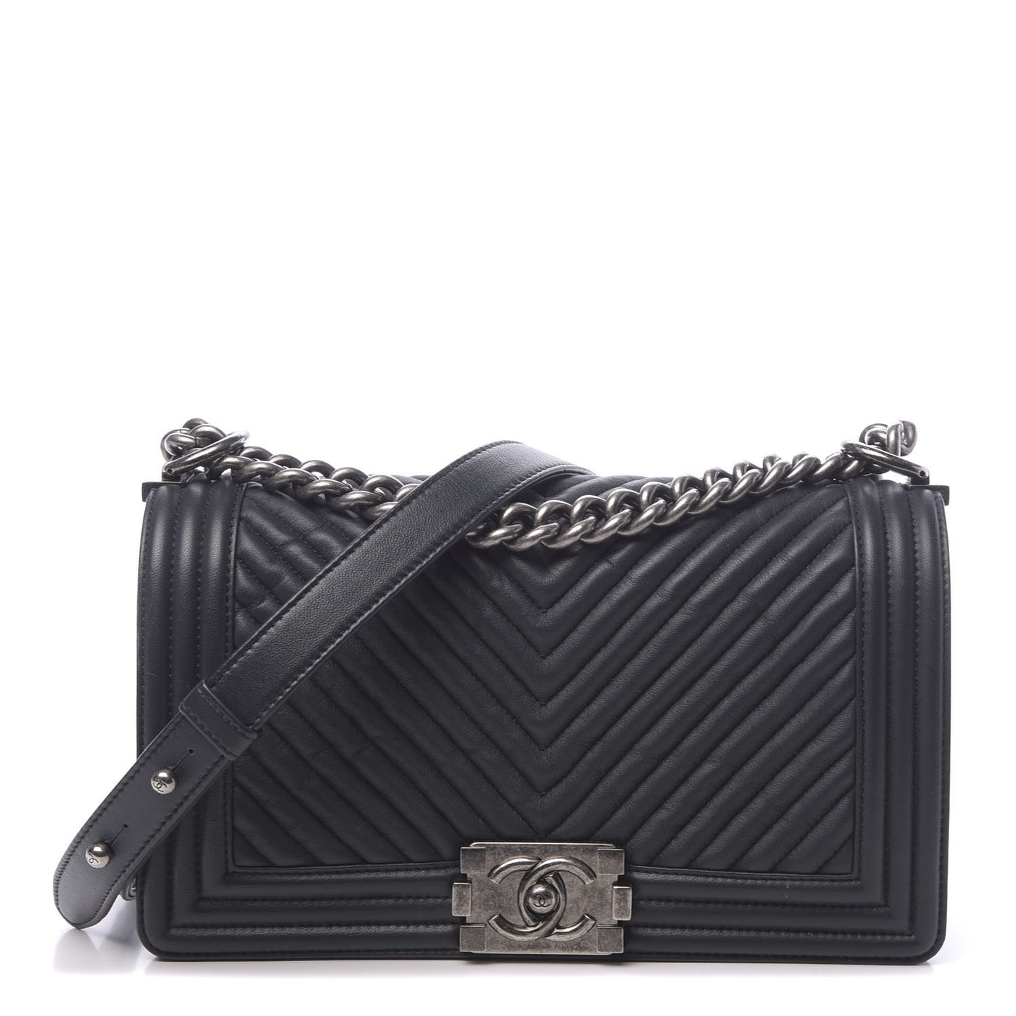 Wrinkled Lambskin Chevron Quilted Medium Boy Flap Black