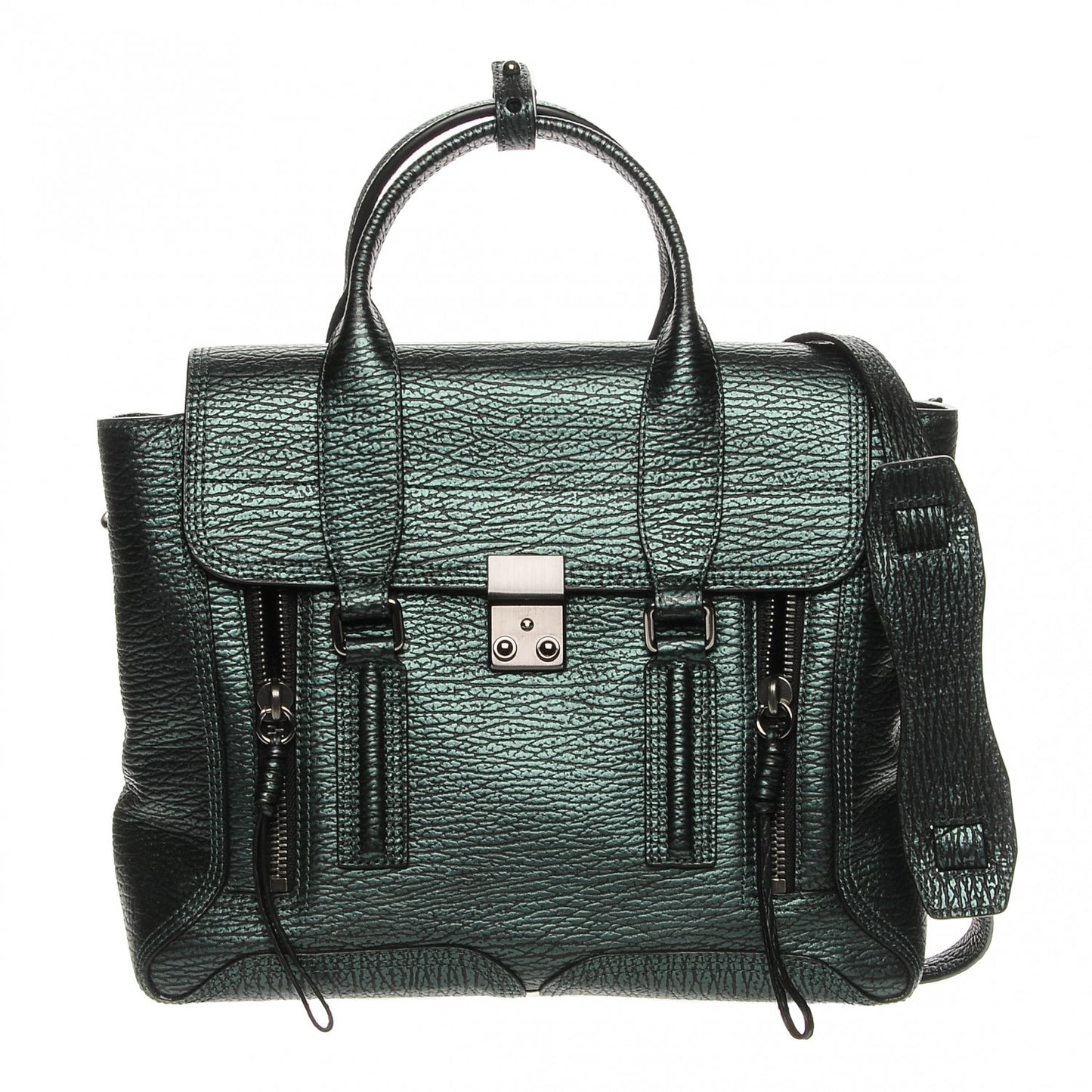 3.1 Metallic Textured Calfskin Medium Pashli Satchel Green