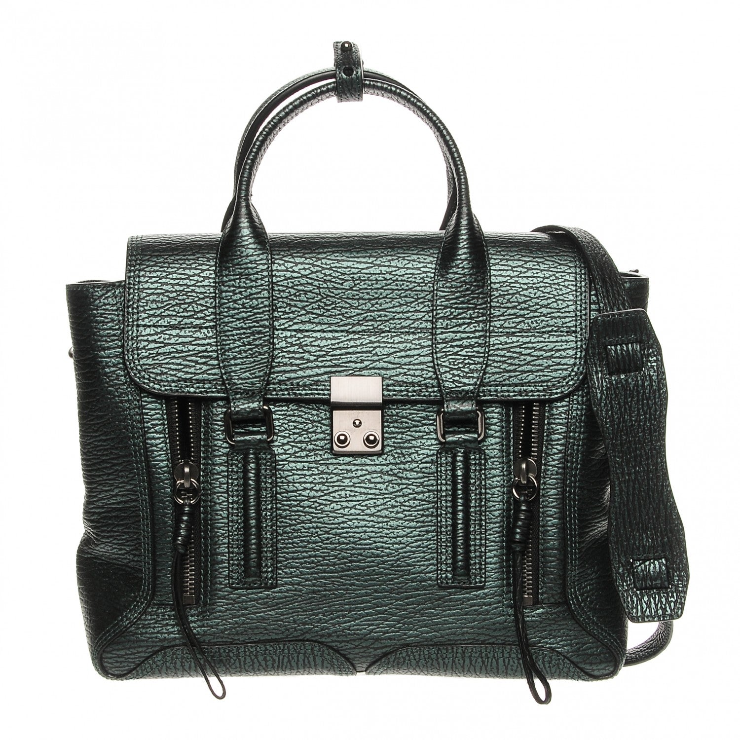3.1 Phillip Lim 3.1 Metallic Textured Calfskin Medium Pashli Satchel Green 1 of 7