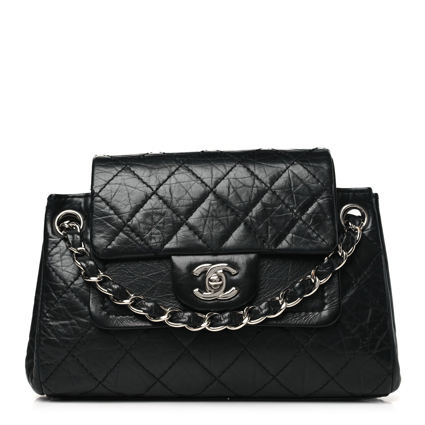 Aged Calfskin Quilted Accordion Double Flap Black