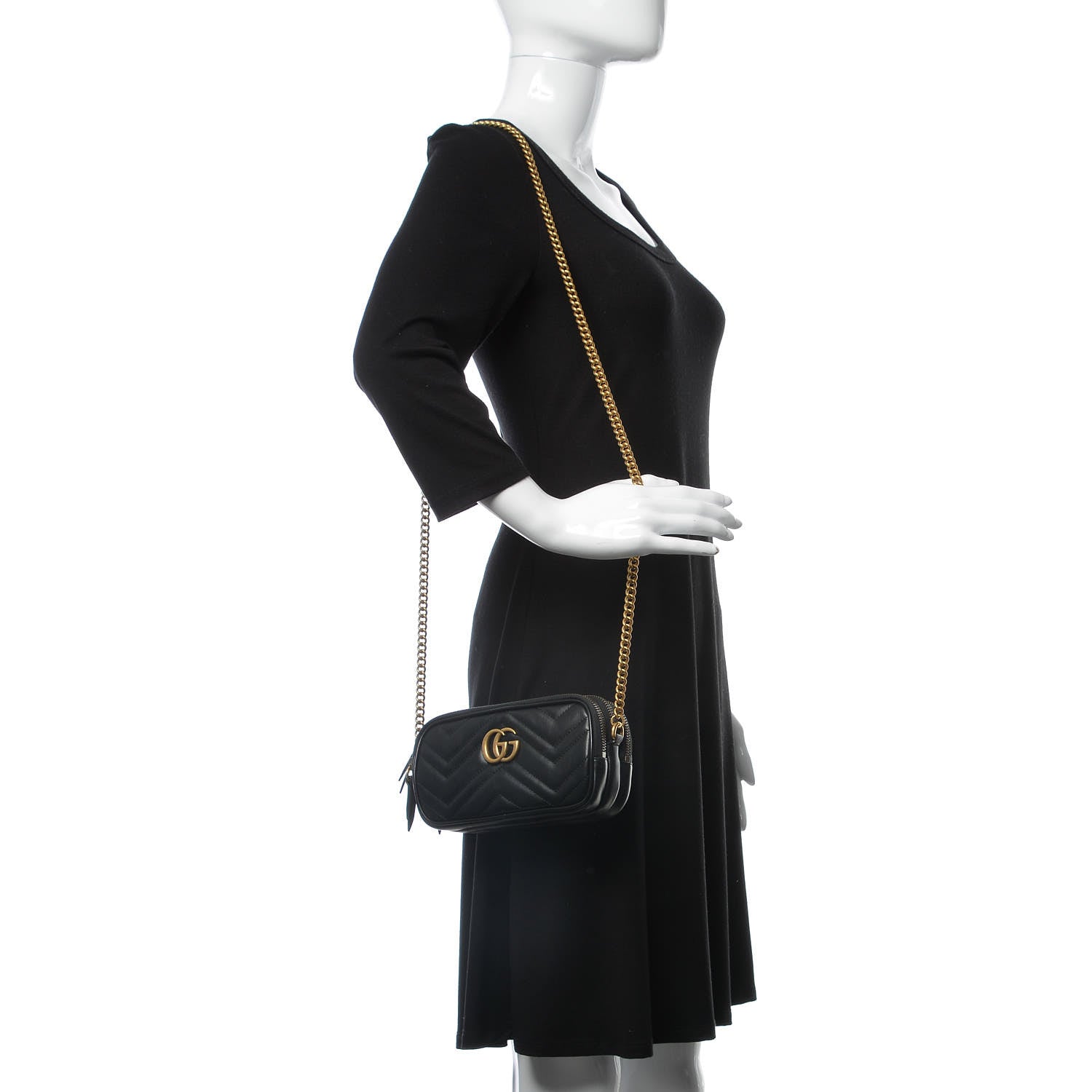 Gucci Calfskin Matelasse Mini GG Marmont Chain Crossbody Bag Black 2 of 9
