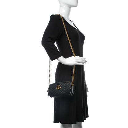 Gucci Calfskin Matelasse Mini GG Marmont Chain Crossbody Bag Black 2 of 9