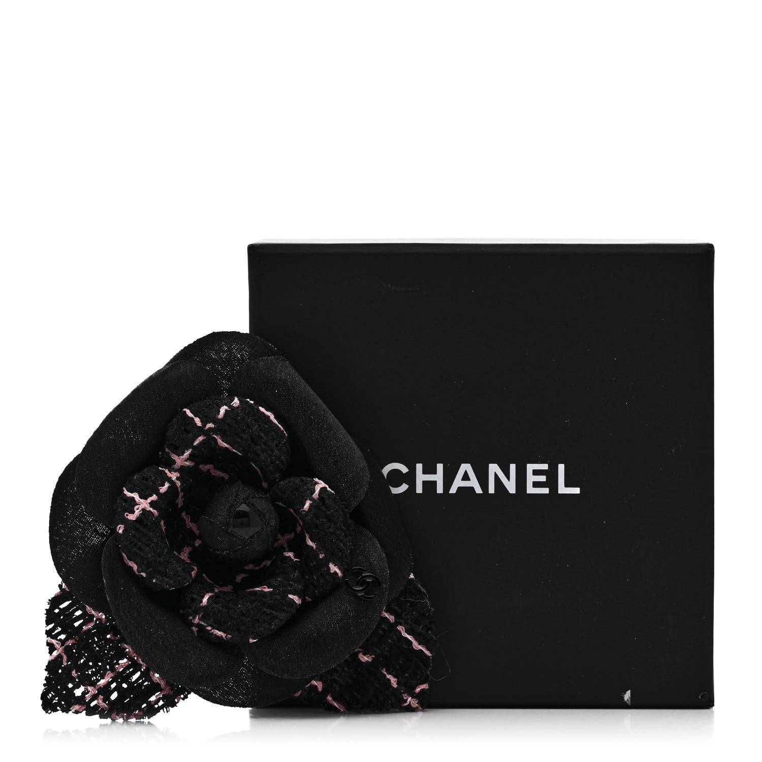Chanel Tweed Fabric Camellia Pin Brooch Black Pink 4 of 4