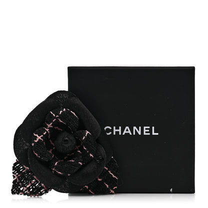 Chanel Tweed Fabric Camellia Pin Brooch Black Pink 4 of 4