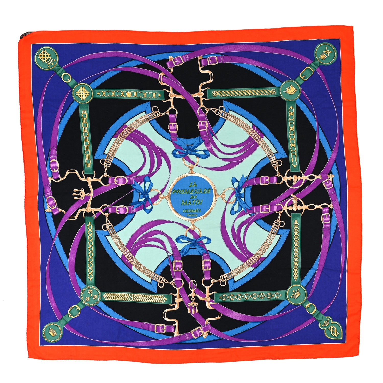 Hermes Cashmere Silk La Promenade Du Matin Shawl 140 Capucine Iris Black 1 of 3