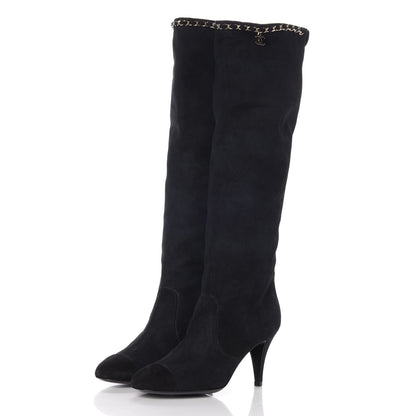 Chanel Suede Calfskin Chain Cap Toe Knee High Boots 38 Dark Navy 3 of 8