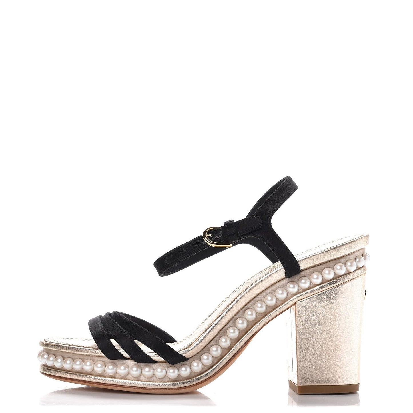 Metallic Lambskin Satin Pearl Strappy Sandals 38 Black Gold