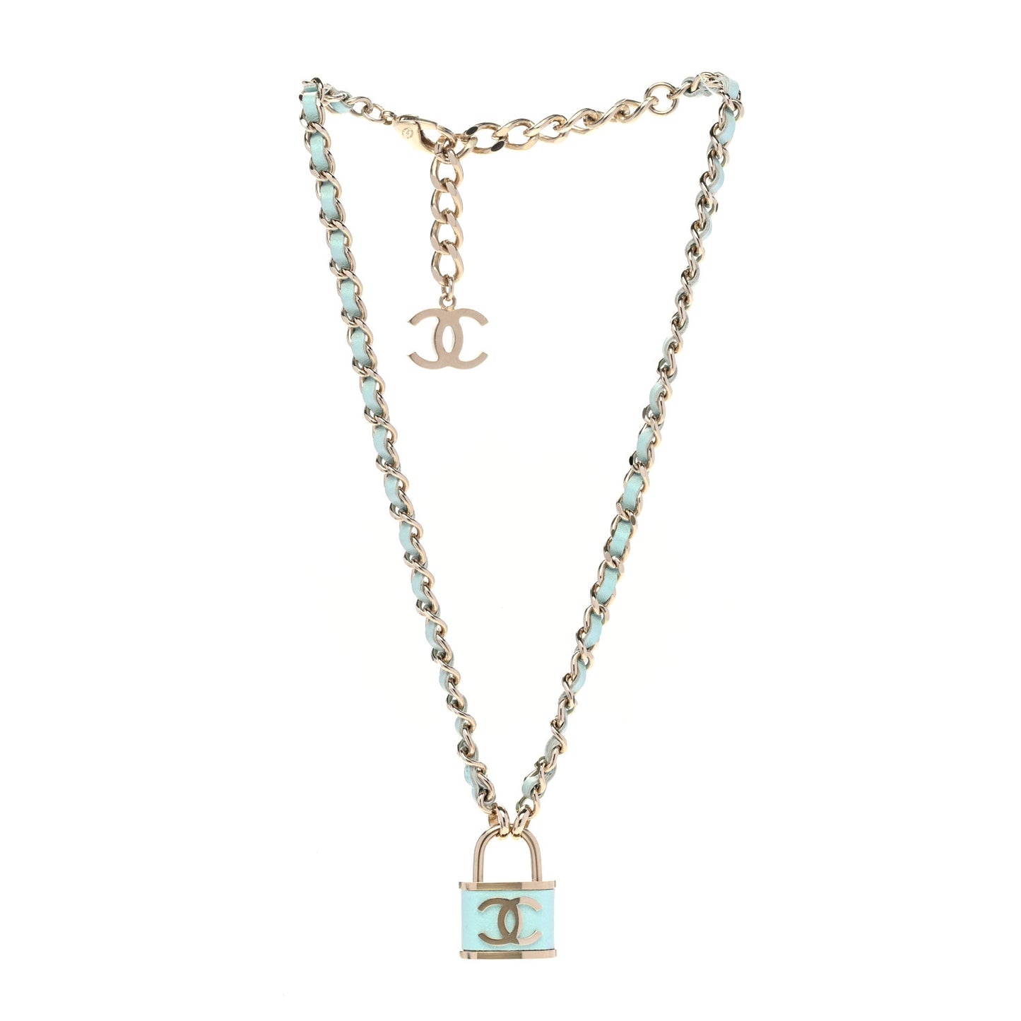 Metal Lambskin Lock Double Necklace Iridescent Blue