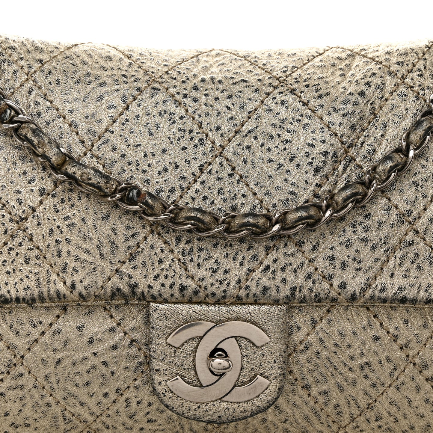 Distressed Metallic Lambskin Quilted Le Marais Ligne Flap Gold