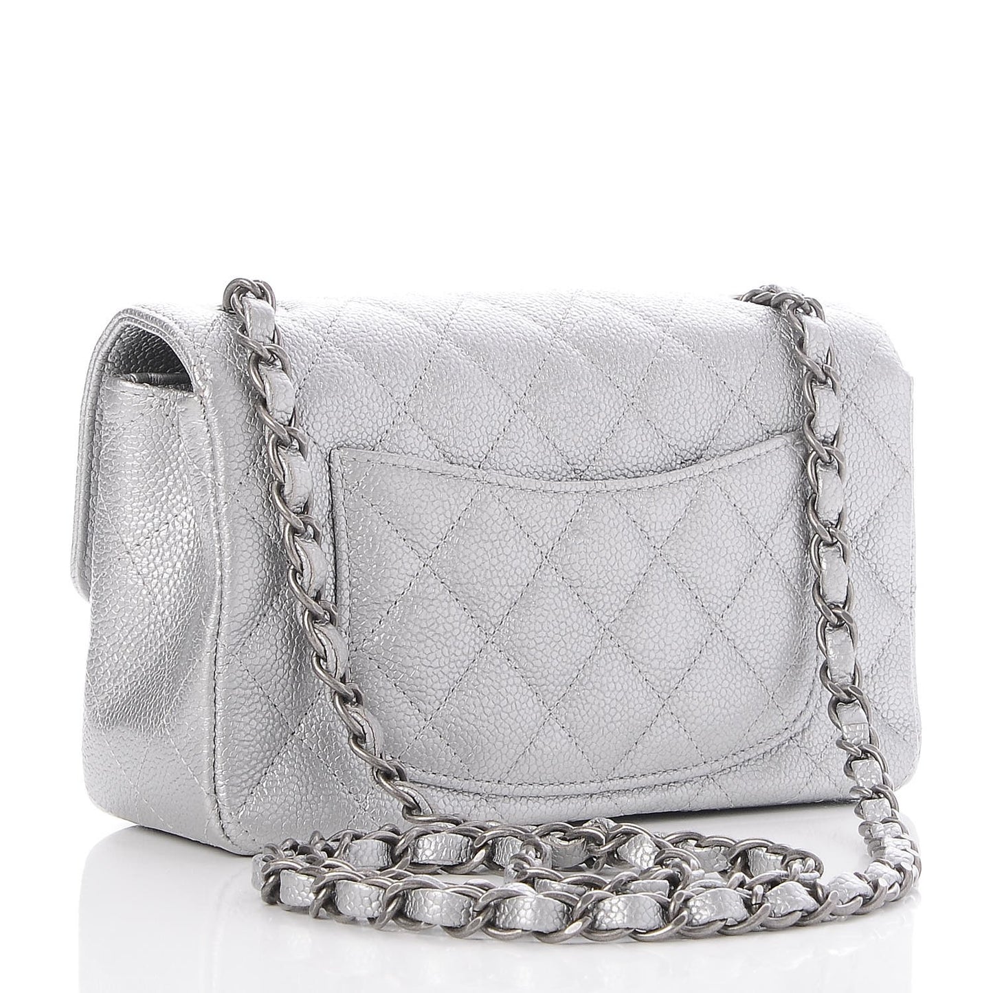 Metallic Caviar Quilted Mini Rectangular Flap Silver