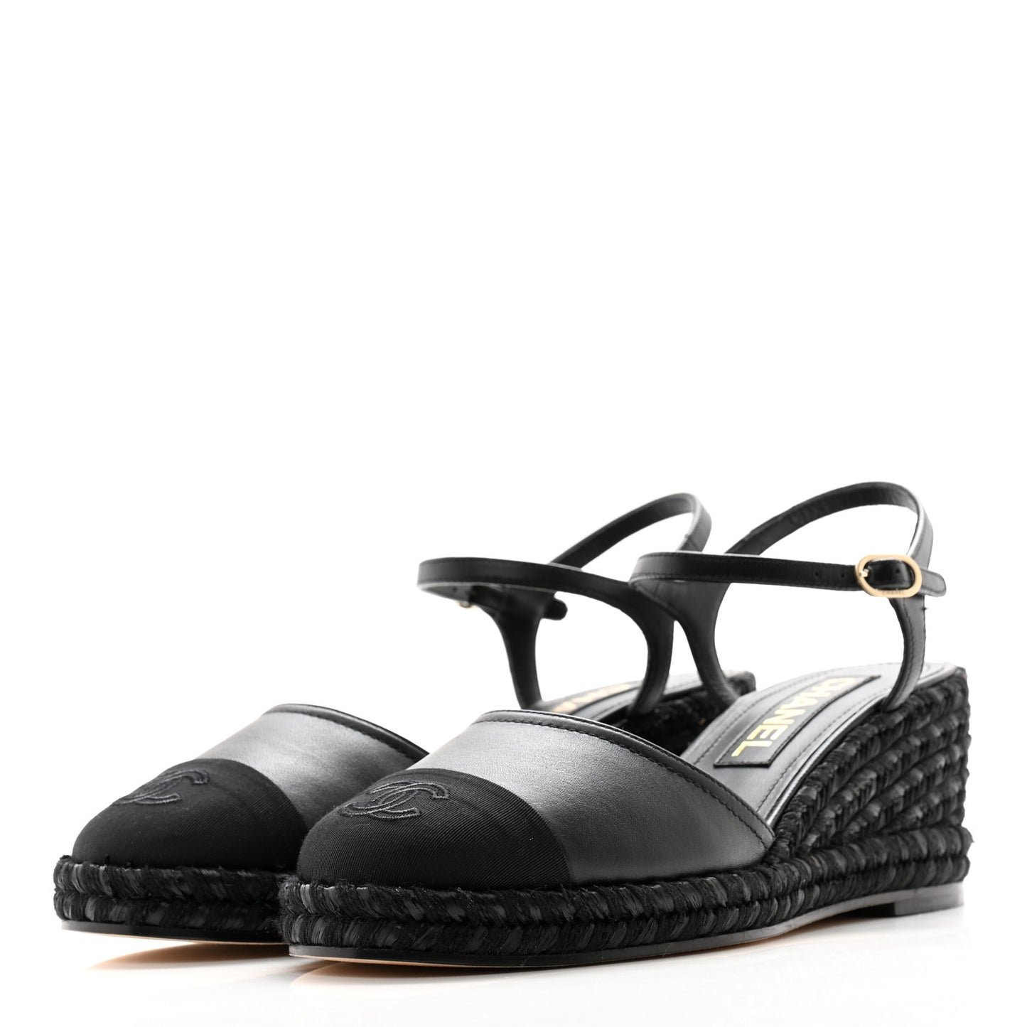 Lambskin Grosgrain CC Espadrilles Wedges 38 Black