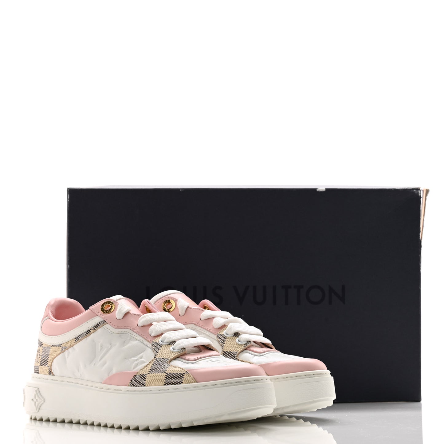 Monogram Embossed Calfskin Damier Azur Time Out Sneakers 36 Rose Clair Pink