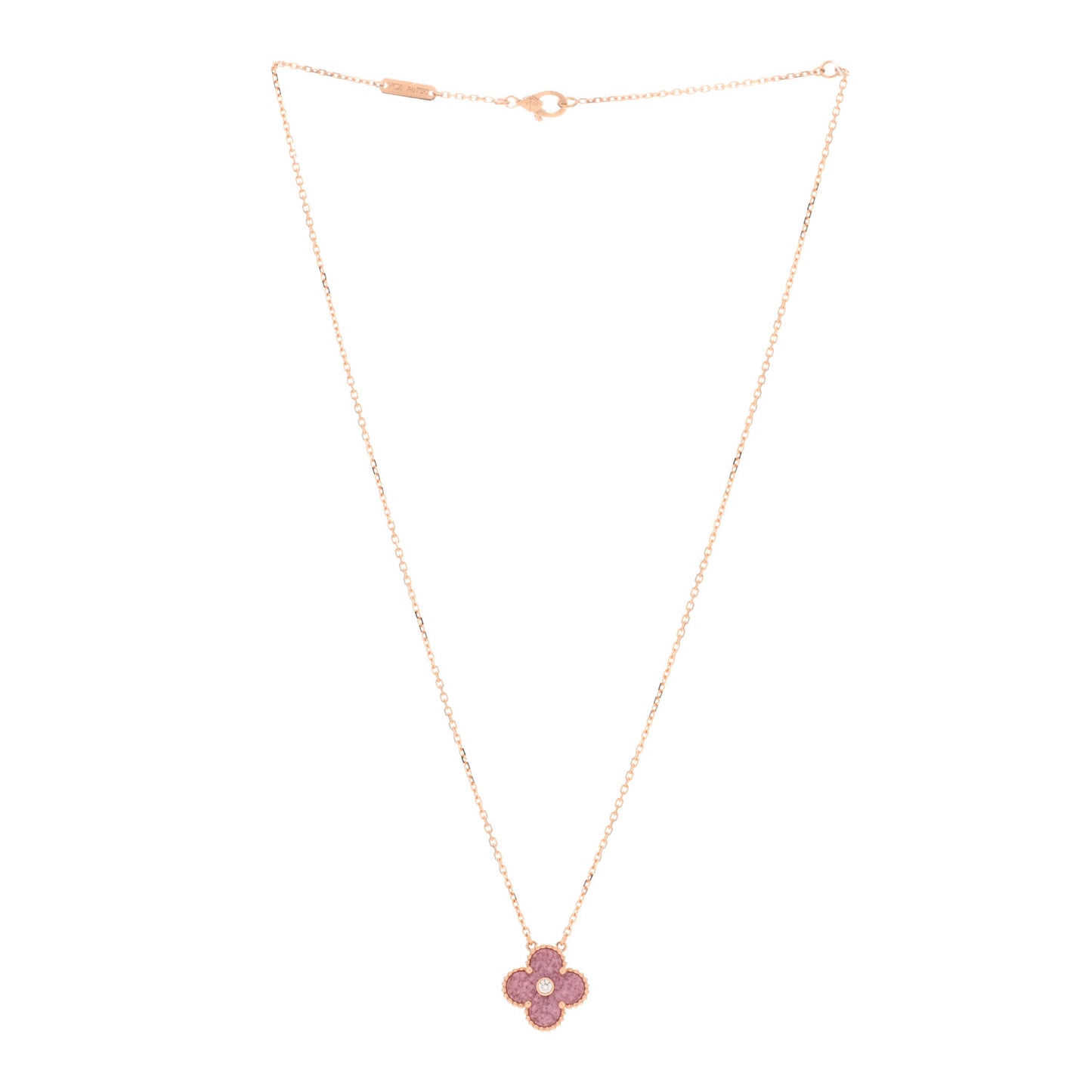 18K Rose Gold Diamond Rhodonite Vintage Alhambra Pendant Necklace