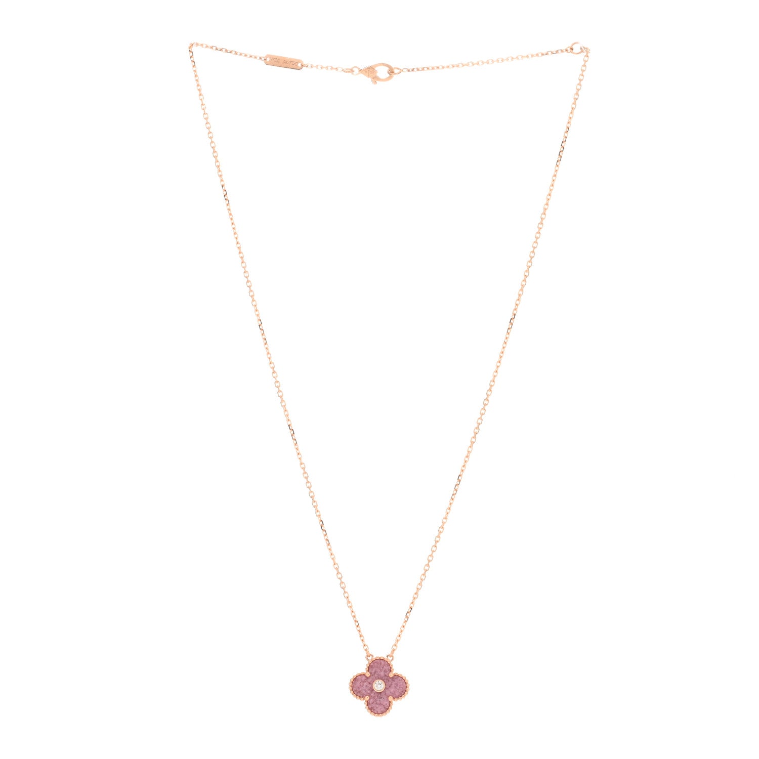 Van Cleef & Arpels 18K Rose Gold Diamond Rhodonite Vintage Alhambra Pendant Necklace 2 of 4