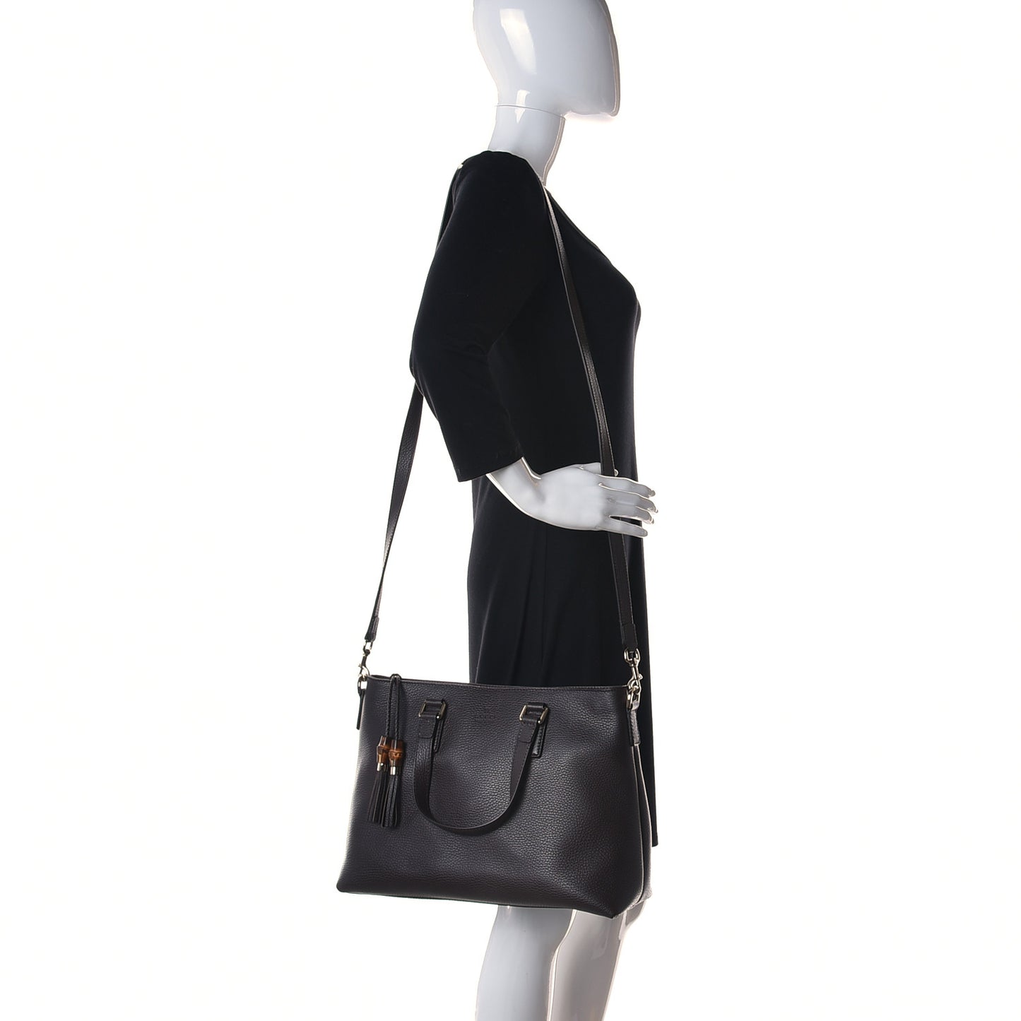 Calfskin Bamboo Tassel Top Handle Tote Dark Brown