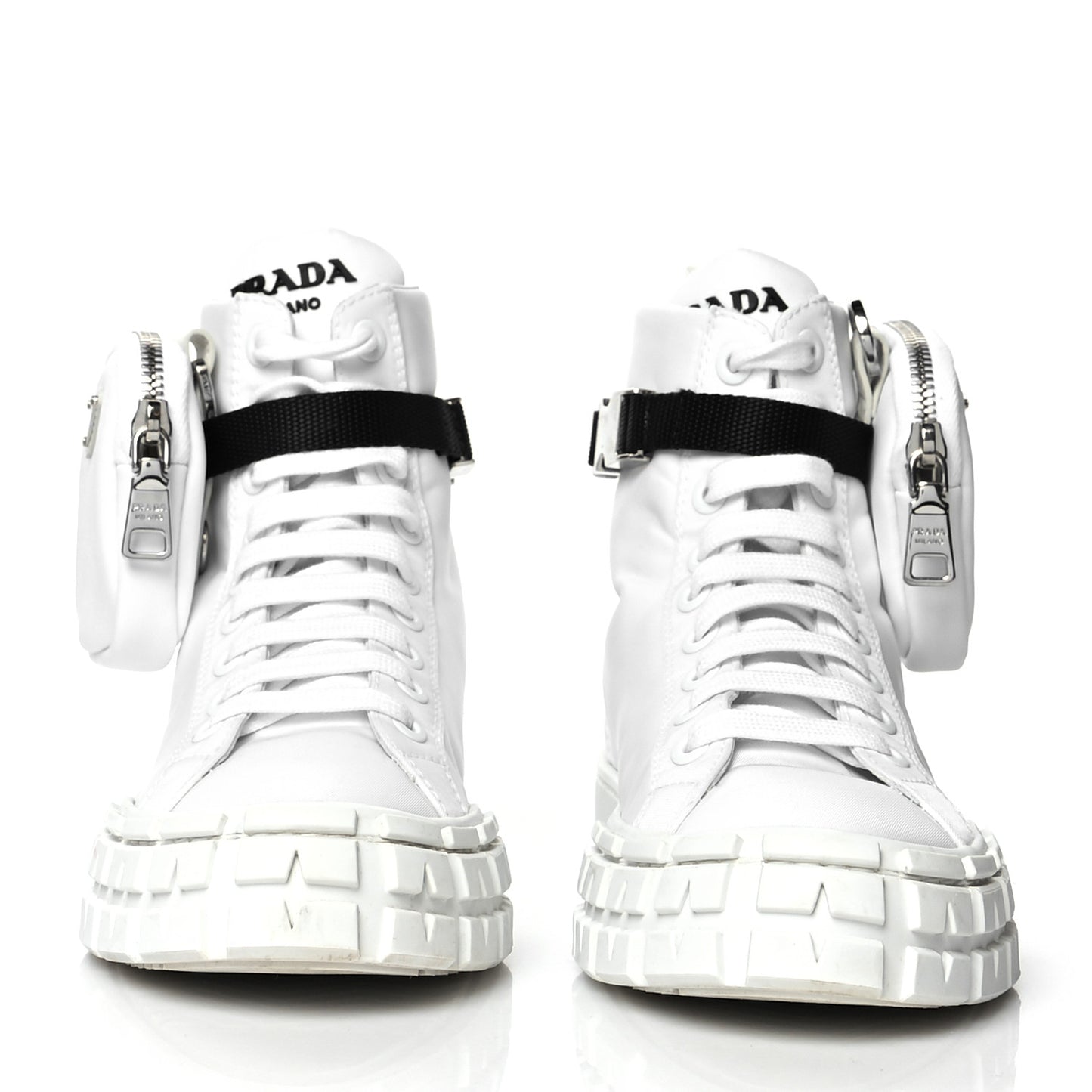 Re-Nylon Gabardine Metal Triangle Logo Wheel Pouch Pocket High Top Sneakers 38.5 White
