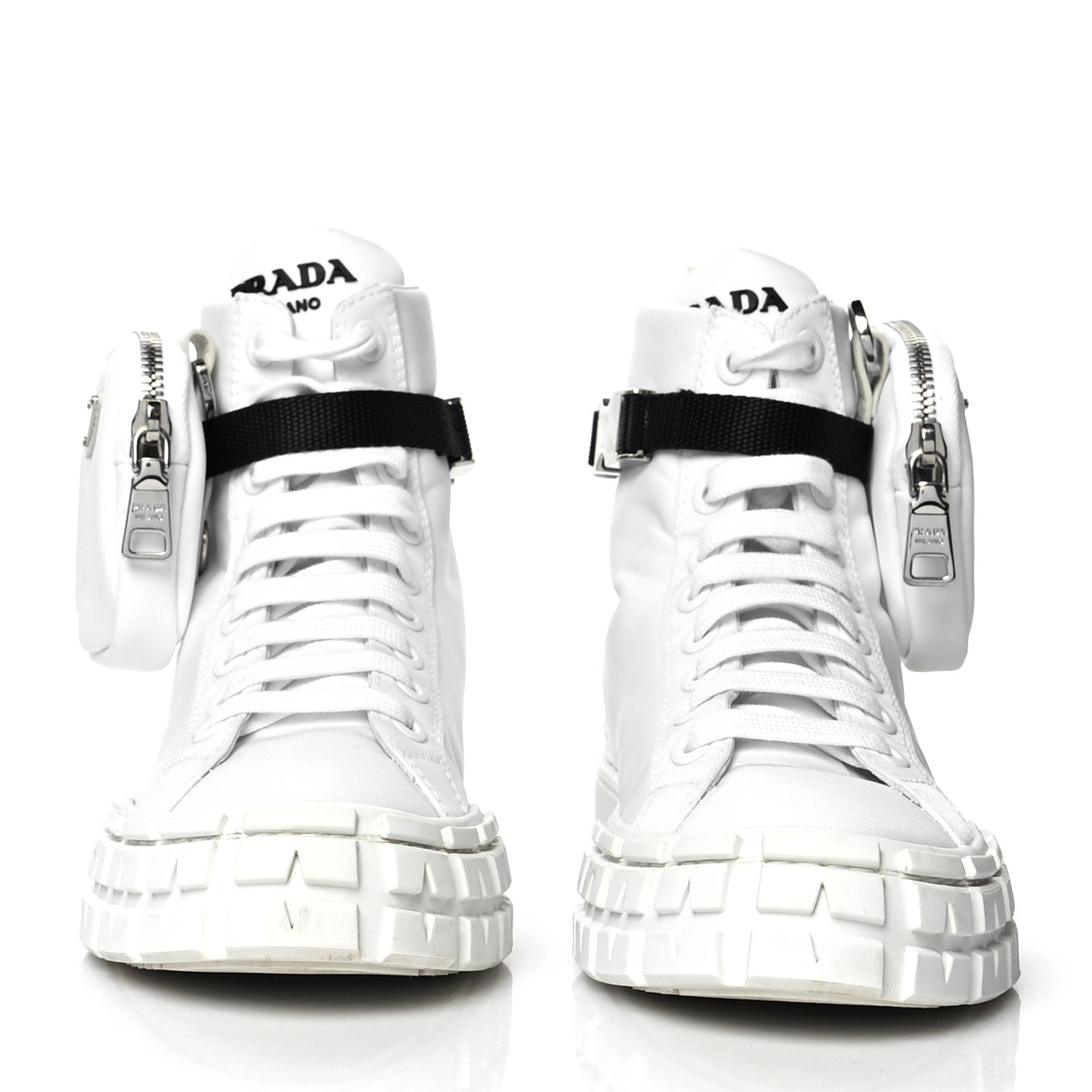 Prada Re-Nylon Gabardine Metal Triangle Logo Wheel Pouch Pocket High Top Sneakers 38.5 White 2 of 8
