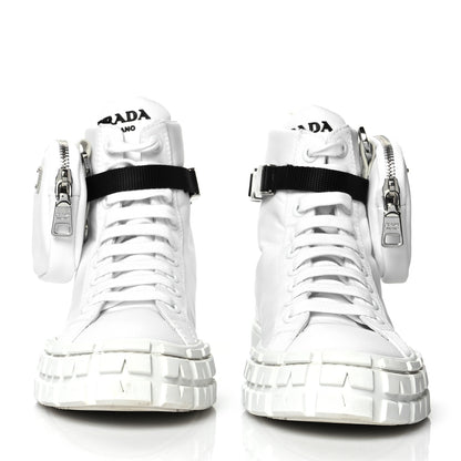 Prada Re-Nylon Gabardine Metal Triangle Logo Wheel Pouch Pocket High Top Sneakers 38.5 White 2 of 8