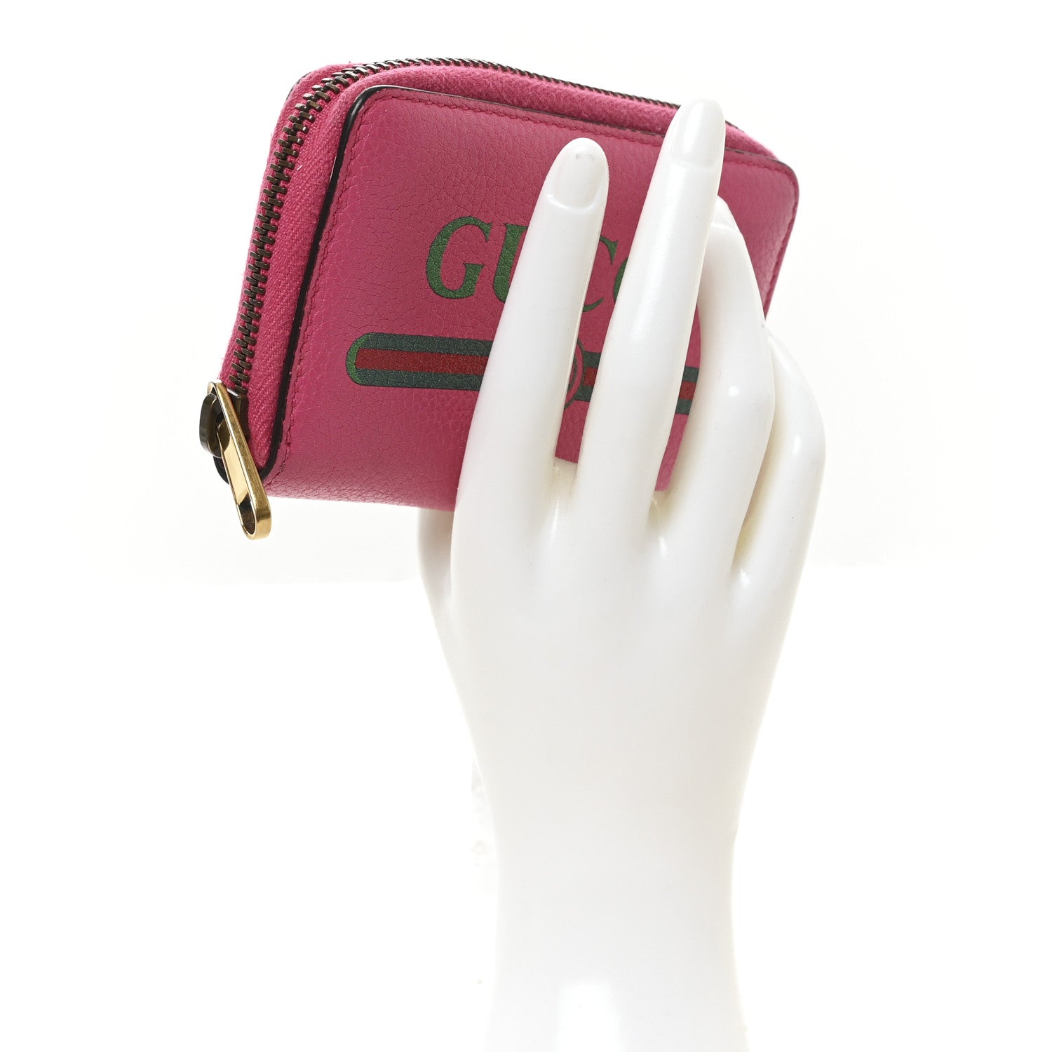 GUCCI ケース ピンク Gucci Grained Calfskin Logo Zip Around Card Case Box Pink Green