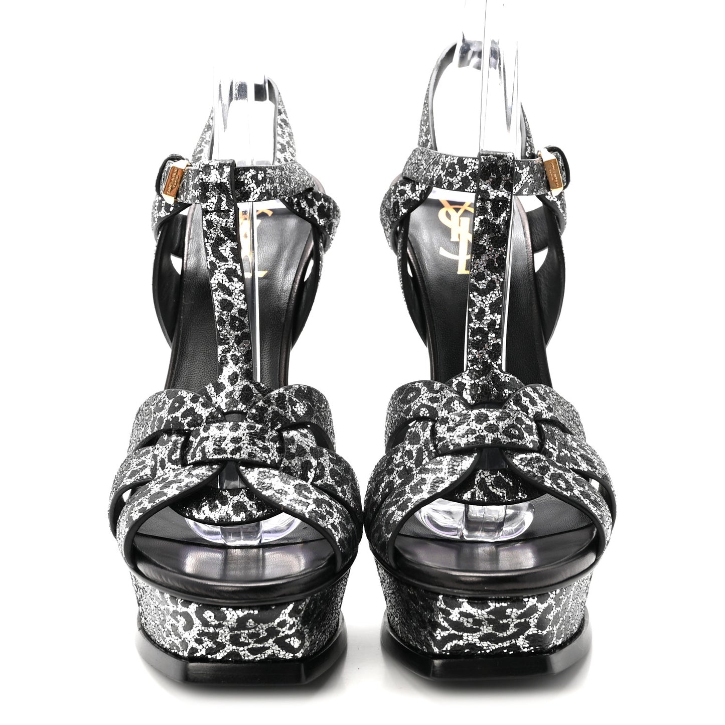 Metallic Calfskin Leopard Print Tribute 105 Platform Sandals 36.5  Black Silver