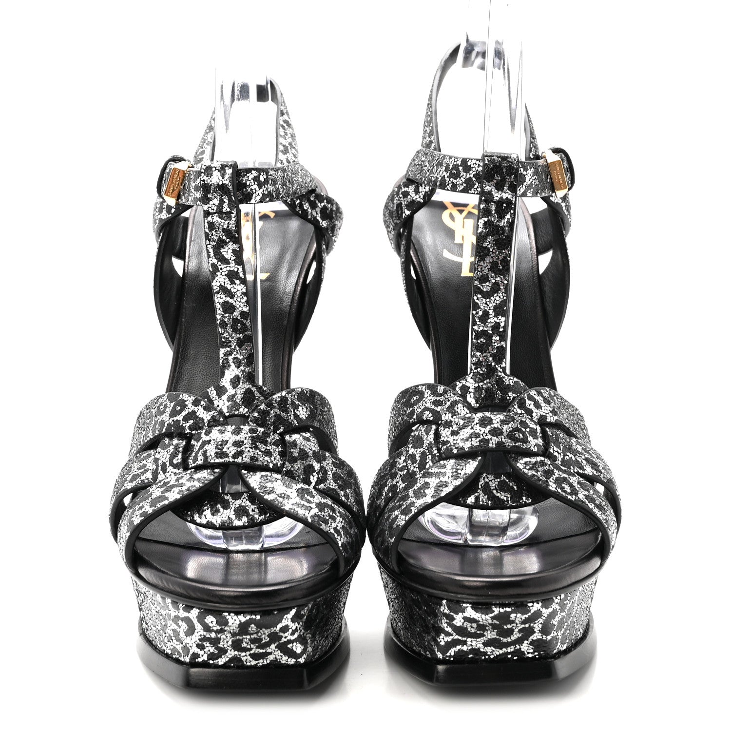 Saint Laurent Metallic Calfskin Leopard Print Tribute 105 Platform Sandals 36.5  Black Silver 3 of 10
