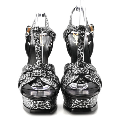 Saint Laurent Metallic Calfskin Leopard Print Tribute 105 Platform Sandals 36.5  Black Silver 3 of 10