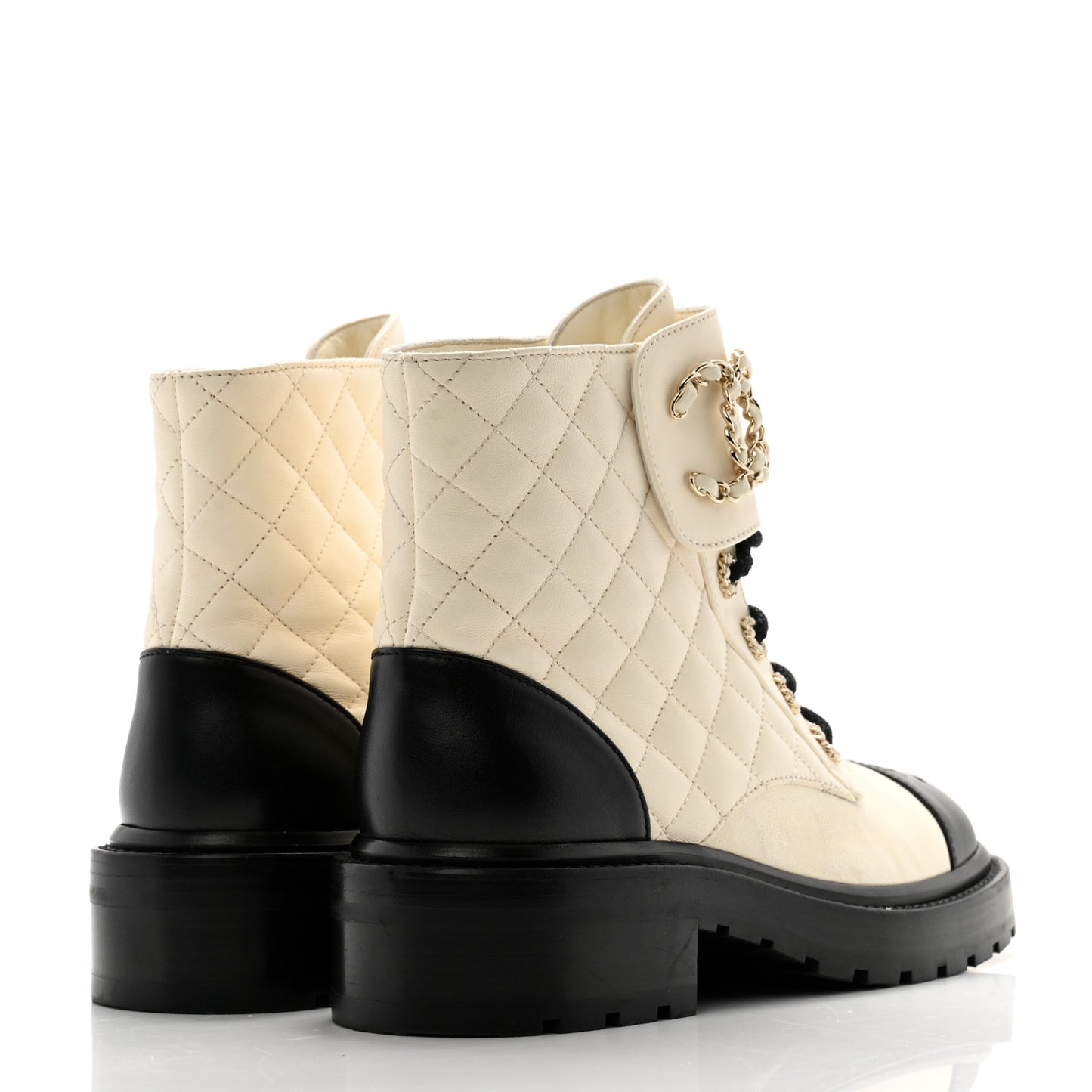 Shiny Goatskin Calfskin Quilted Lace Up Combat Boots 37 Black White