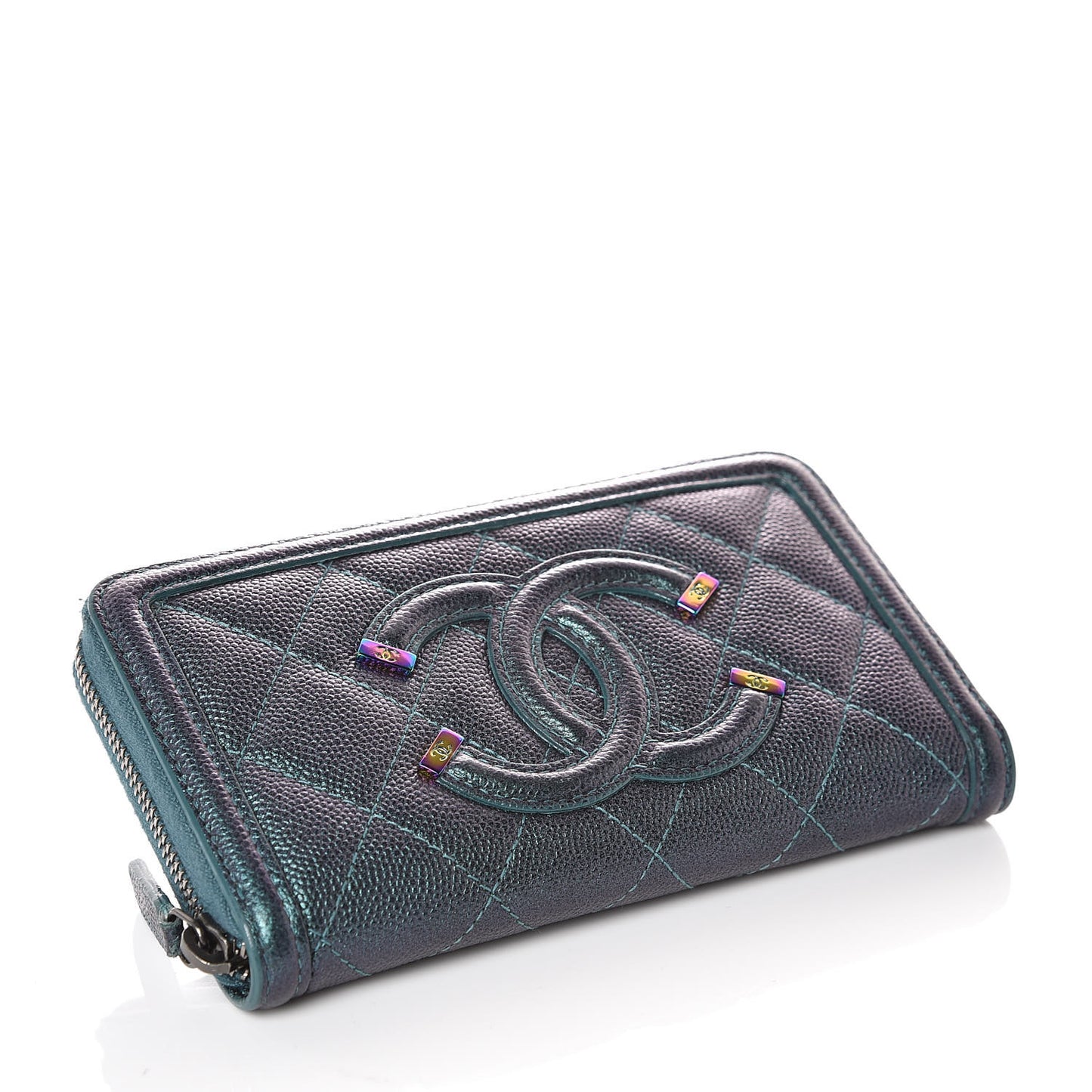 Iridescent Caviar Quilted Medium Filigree Zip Around Wallet Dark Turquoise