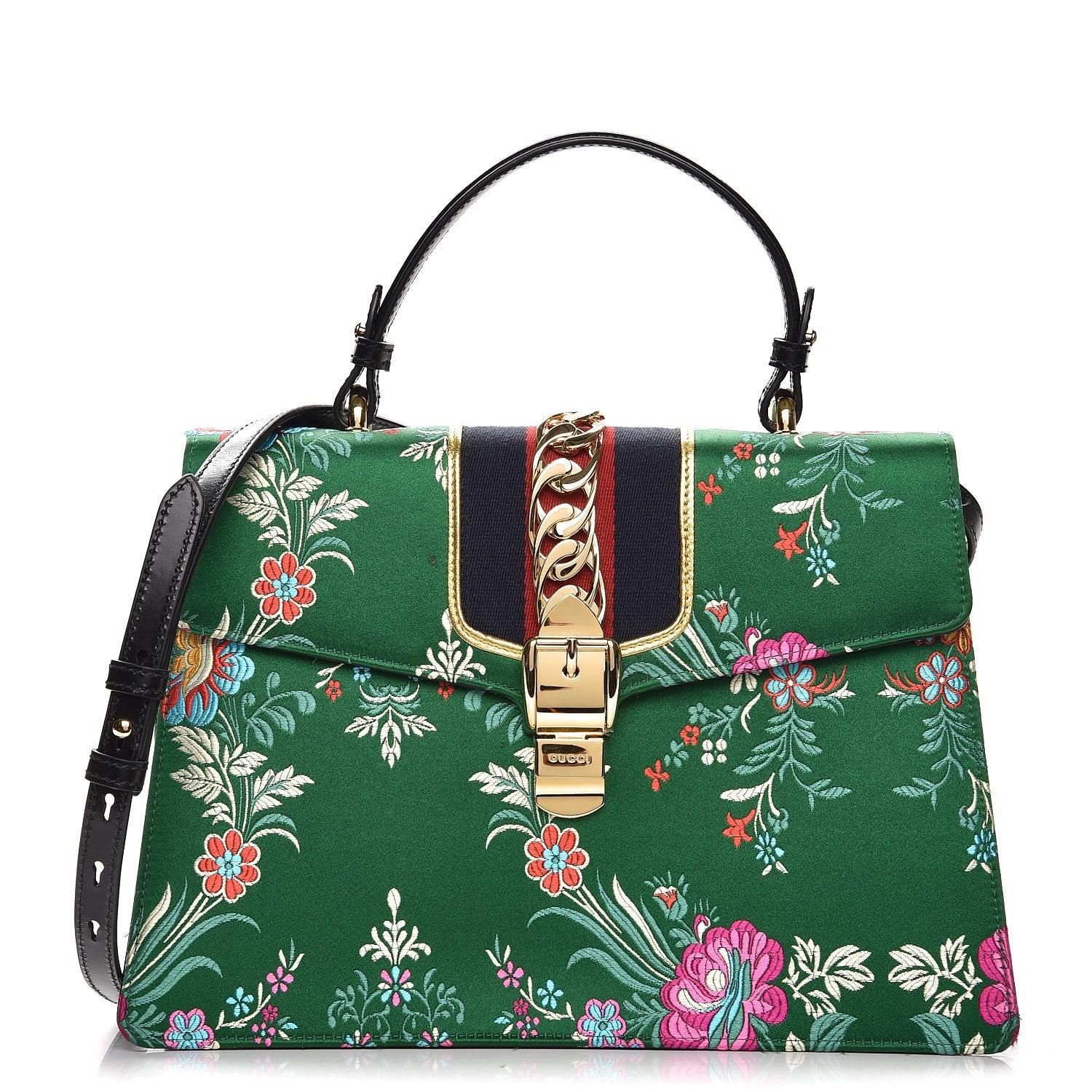 Gucci Jacquard Floral Medium Sylvie Top Handle Bag Green Multicolor Black 1 of 16