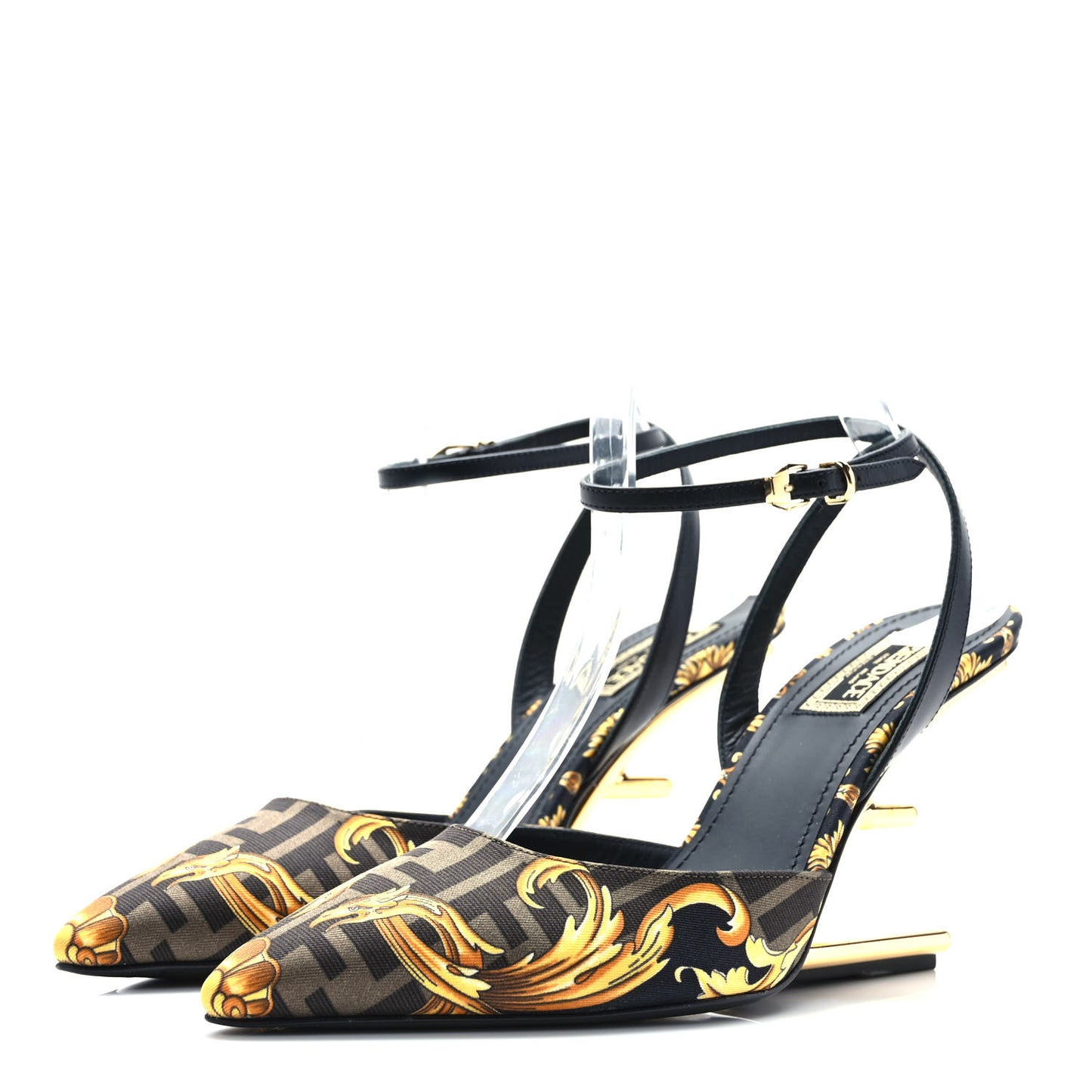 X VERSACE Silk Calfskin Fendace Fendi First 95mm Slingback Sandals 39 Tobacco Black Gold