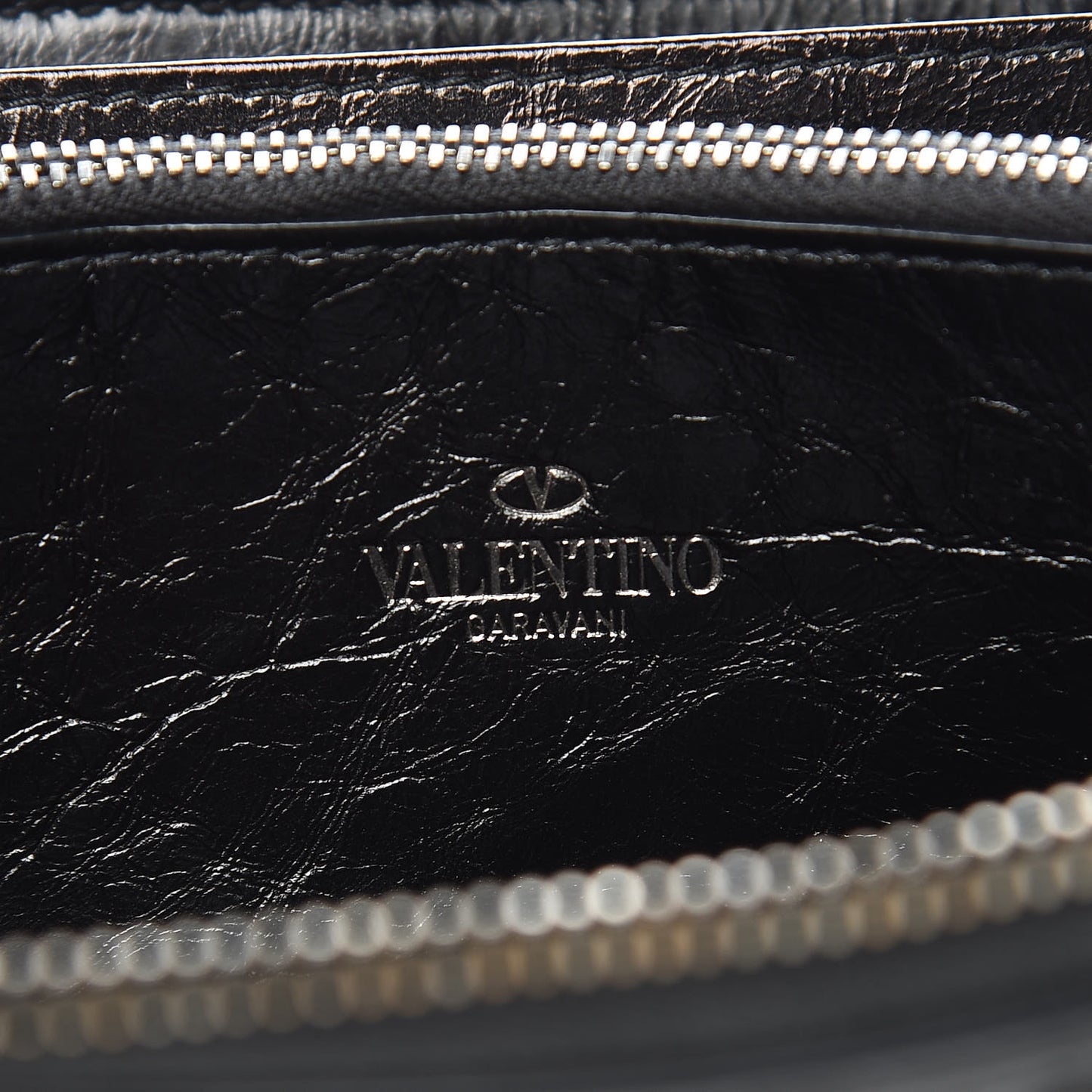 Craquele Calfskin Rockstud Zip Around Wallet Black