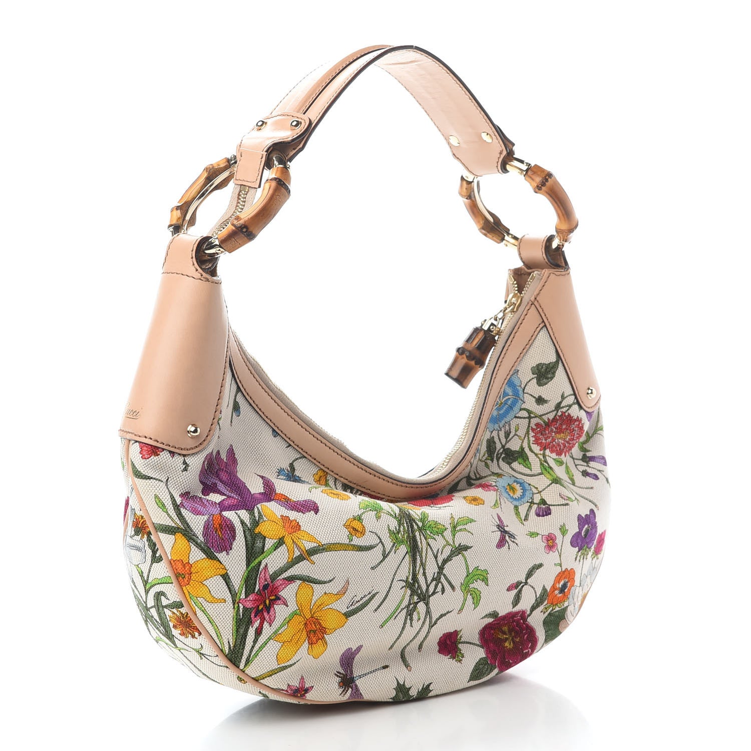Gucci Canvas Floral Flora Bamboo Ring Hobo White 2 of 11