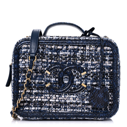 Chanel Tweed Snakeskin Quilted Medium CC Filigree Vanity Case Dark Navy 1 of 12