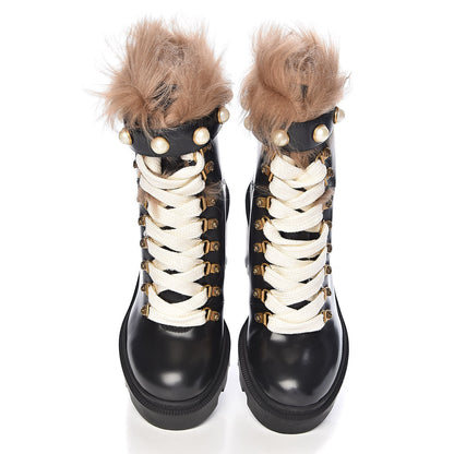 Gucci Magnum Calfskin Fur Pearl Lace Up Combat Ankle Boots 37.5 Black Naturale 7 of 8