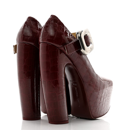 Bottega Veneta Glossy Calfskin Crocodile Embossed Mostra Mary Jane 120 MM Pumps 39.5 Merlot 4 of 10