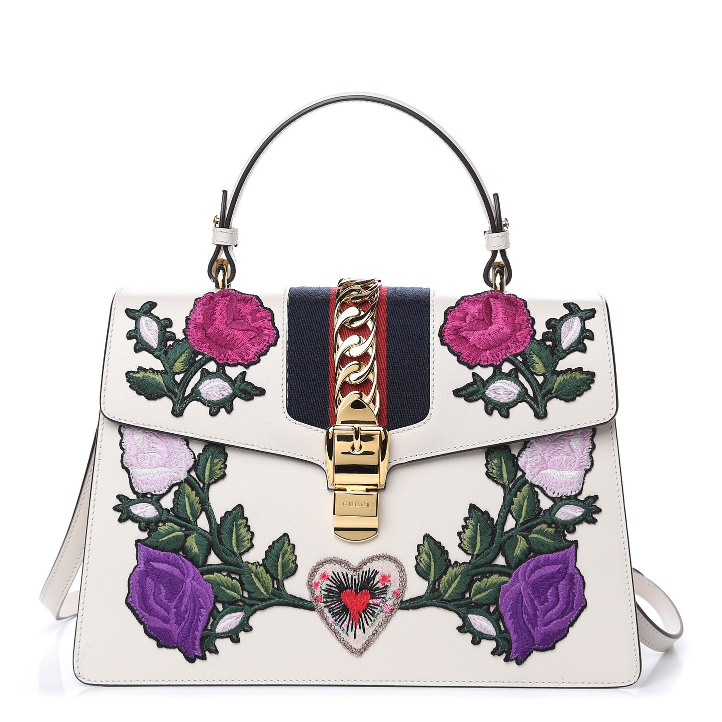 Calfskin Embroidered Medium Sylvie Top Handle Bag White