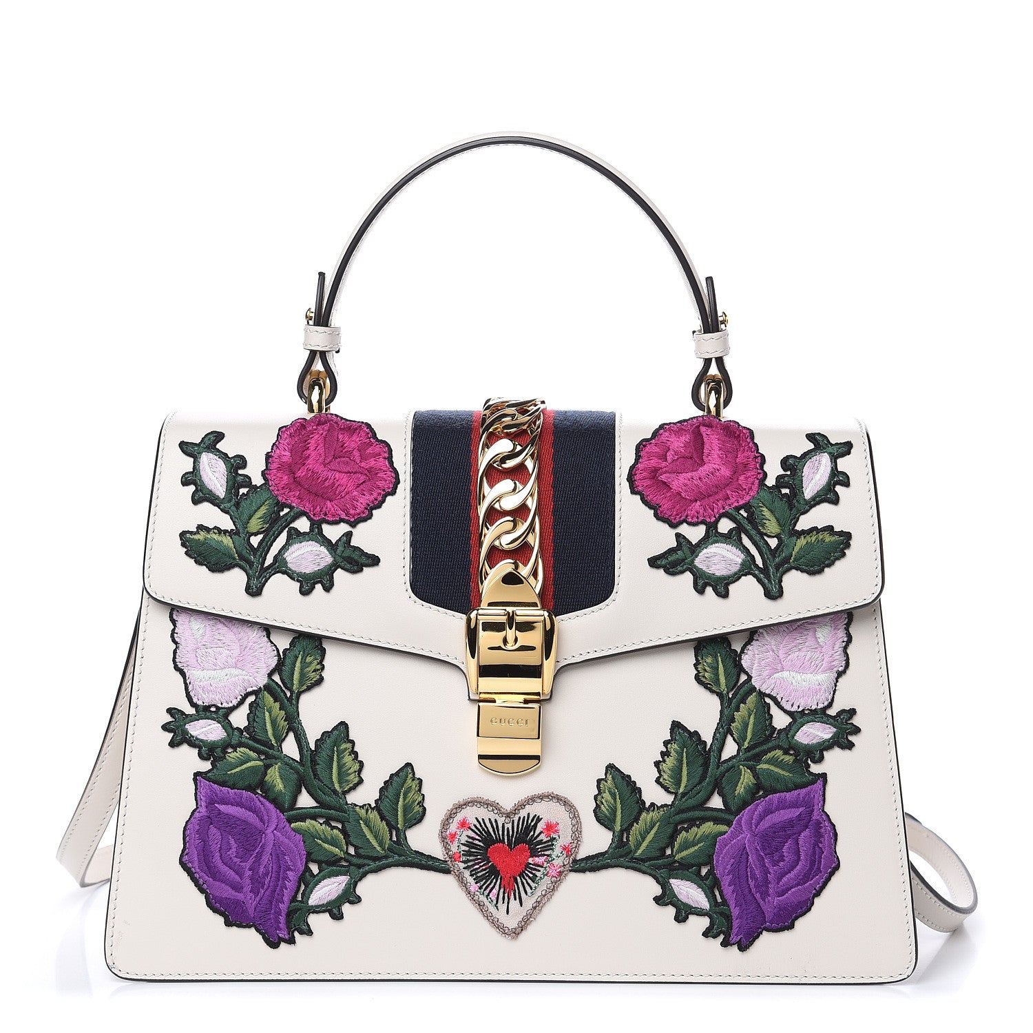 Gucci Calfskin Embroidered Medium Sylvie Top Handle Bag White 1 of 12