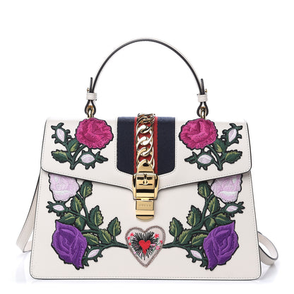 Gucci Calfskin Embroidered Medium Sylvie Top Handle Bag White 1 of 12