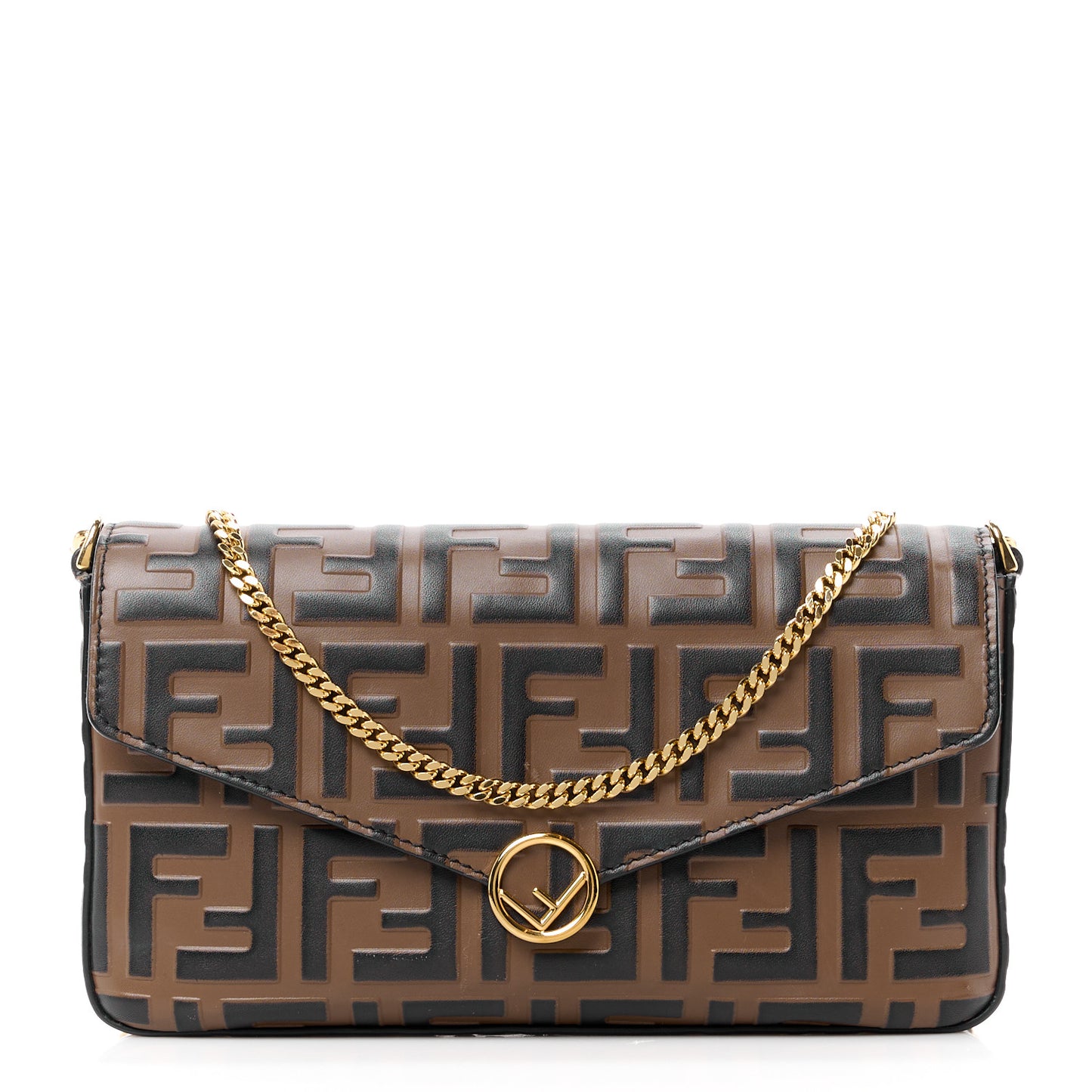 Vitello Soft F is Fendi Bi-Color FF 1974 Embossed Envelope Wallet On Chain with Pouches Maya Black