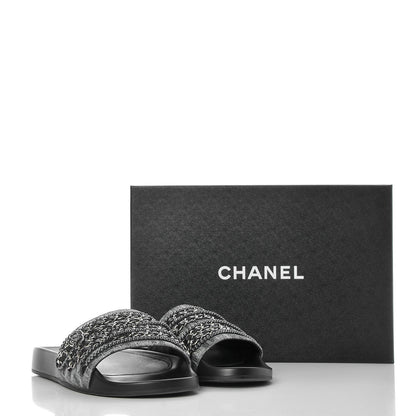 Chanel Fantasy Lambskin Pearl Chain Flat Sandals 40 Silver Black 9 of 9