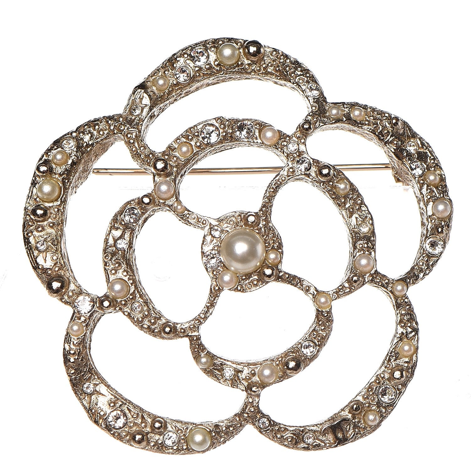 Chanel Pearl Crystal CC Camellia Brooch Light Gold 1 of 5