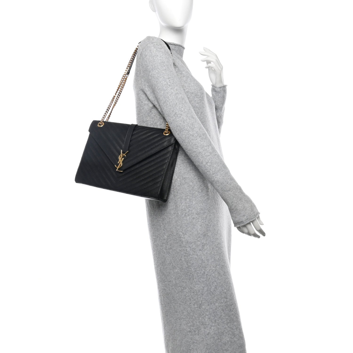 Saint Laurent Grain De Poudre Matelasse Chevron Large Monogram Satchel Black 2 of 10