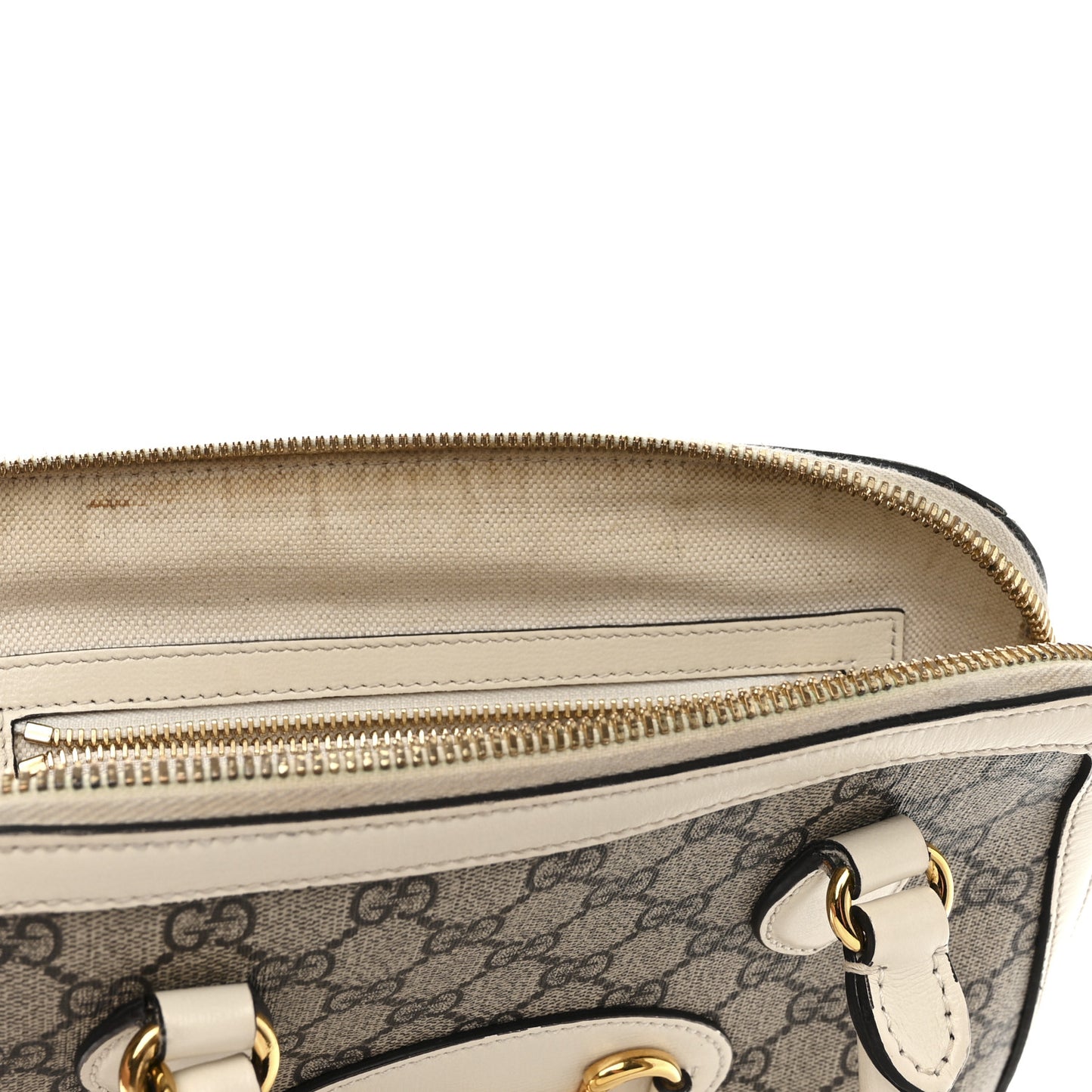 GG Supreme Monogram Azalea Calfskin Small Horsebit 1955 Top Handle Bag Beige Ebony Mystic White