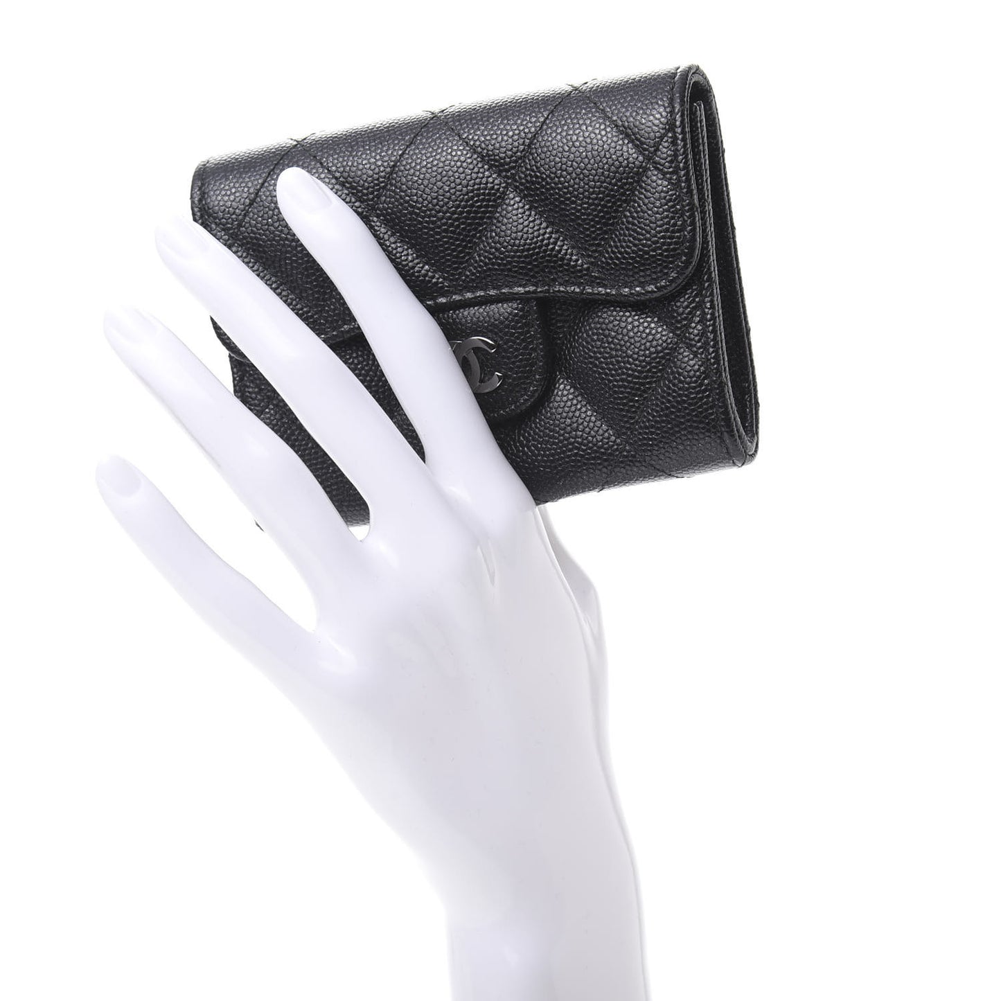 Iridescent Caviar Quilted Flap Card Holder Wallet Black