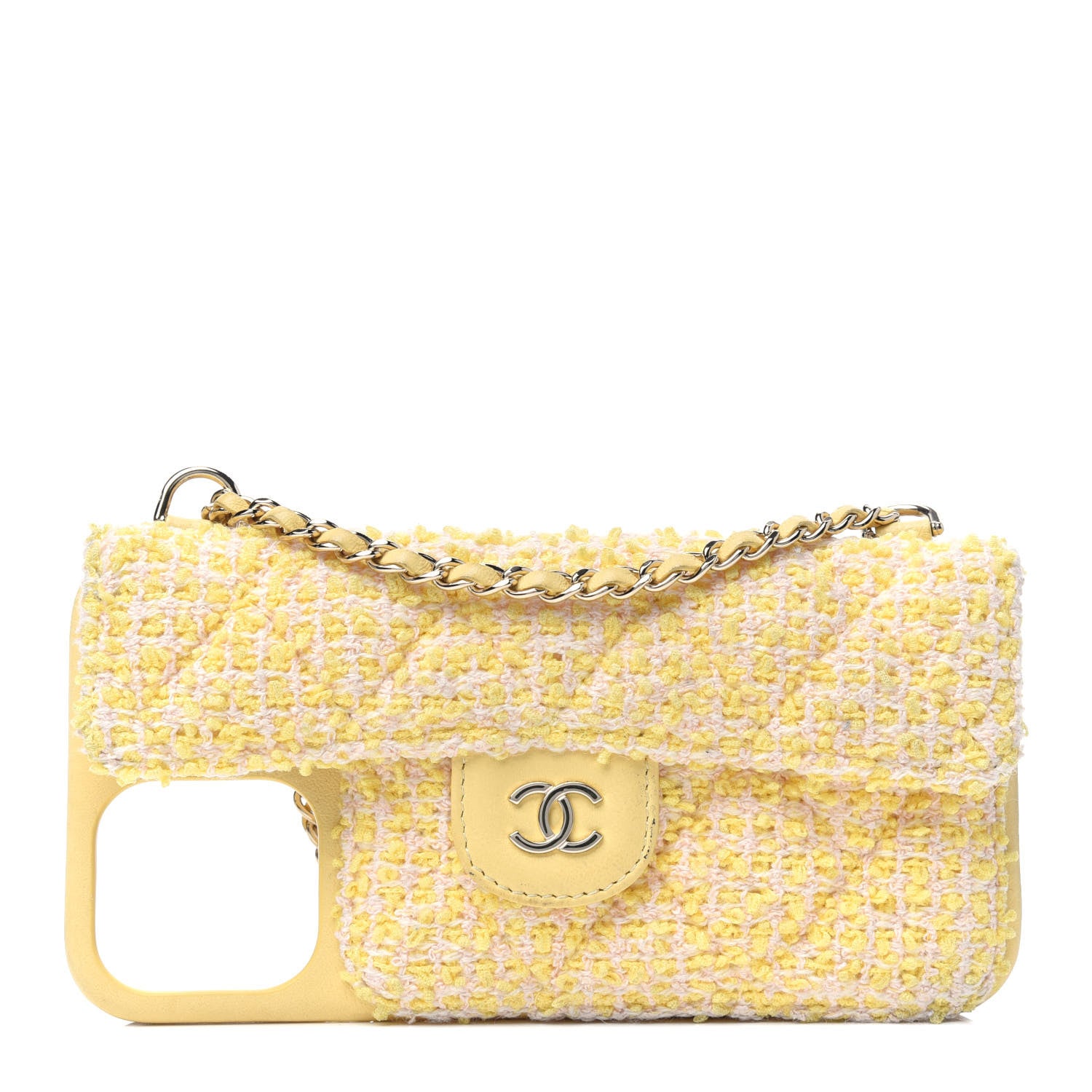 Chanel Tweed Quilted iPhone XII Pro Max Case With Chain Yellow Pink 1 of 13