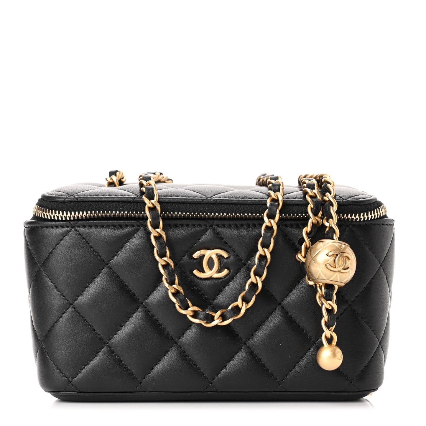 Lambskin Quilted Small Pearl Crush Vanity Case With Chain Black