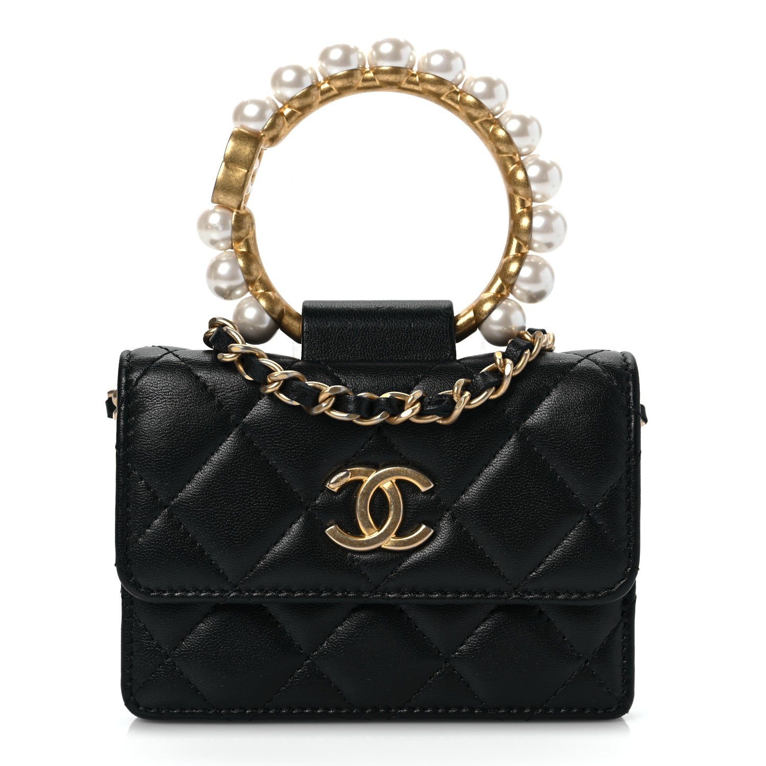 Chanel Lambskin Quilted Pearl Crown Clutch With Chain Black 1 of 9